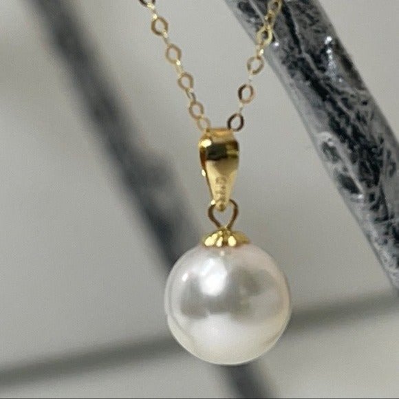 18K Solid Gold Certificated 8.5 mm Natural White AKOYA Pearl Pendant Necklace - Picture 8 of 13